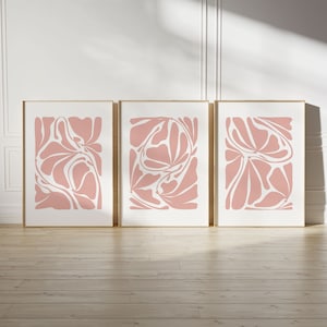 3 Piece Coral Light Pastel Pink Abstract Plant Wall Art, Set of 3, Flower Prints, Digital Download, Botanical Poster Triptych Print, Shapes
