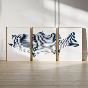 3 Piece Large Mouth Bass Wall Art, Set of 3, Blue, Coastal Modern Lake House Decor, Fishing Gift Fisherman Triptych Largemouth Bass Fish
