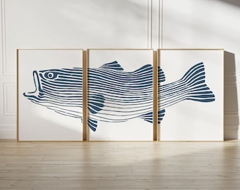 3 pezzi di arte da parete per spigola a bocca grande, set di 3, blu, arredamento moderno per la casa sul lago costiero, regalo per la pesca trittico di pescatori pesce persico trota