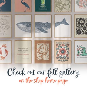 May include: A collage of 12 framed prints with various designs, including a whale, flowers, a fish, a quote, and a crocodile. The prints are arranged in a grid pattern on a white background. The text at the bottom reads "Check out our full gallery on the shop home page."