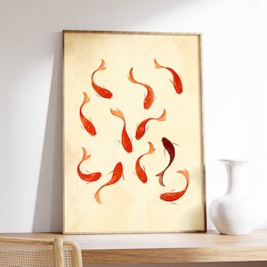 Koi Fish Color Art, Wall Art Koi Fish, Large Painting, Instant Digital Download, Printable, Beige Japanese Art Style, Orange Art Print, Zen