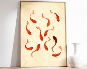 Koi Fish Color Art, Wall Art Koi Fish, Grande dipinto, Download digitale istantaneo, Stampabile, Stile arte giapponese Beige, Stampa artistica arancione, Zen