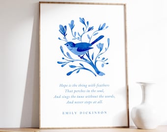 Impresión de poema de Emily Dickinson, La esperanza es la cosa con plumas, Póster con cita de Emily Dickinson, Regalo literario de inauguración de la casa, Arte mural en acuarela