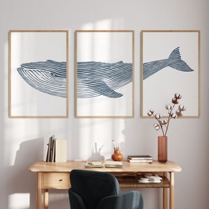 May include: Three framed prints of a blue whale illustration. The whale is depicted in a line art style with a white background. The prints are arranged in a row on a white wall.