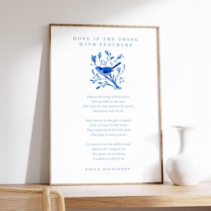 Emily Dickinson Gedicht Druck, Hope Is The Thing With Feathers, Emily Dickinson Zitat Wandkunst, Inspiration Geschenke Aquarell Blauer Vogel Poster