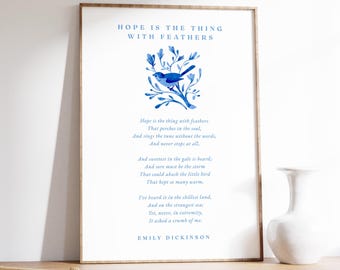 Impresión de poema de Emily Dickinson, La esperanza es lo que tiene plumas, Arte de pared con cita de Emily Dickinson, Póster de pájaro azul con acuarela, Regalos inspiradores
