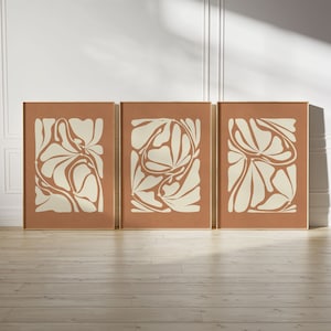 3 Piece Abstract Plant Art, Terracotta Prints, Burnt Orange, Set of 3, Printable Wall Art Mid Century Modern Botanical Poster Triptych Print