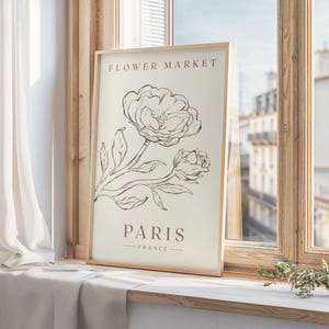 Impresión del mercado de flores de París, arte de pared neutral minimalista de lujo, ilustración de rosas, letrero del mercado de flores francés, arte de pared del cartel de viaje de Francia