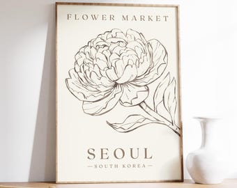 Seoul Flower Market Print, Luxury Minimalist Neutral Wall Art, Peony Illustration, South Korea Poster, Korea Souvenir Peonies Digital Prints