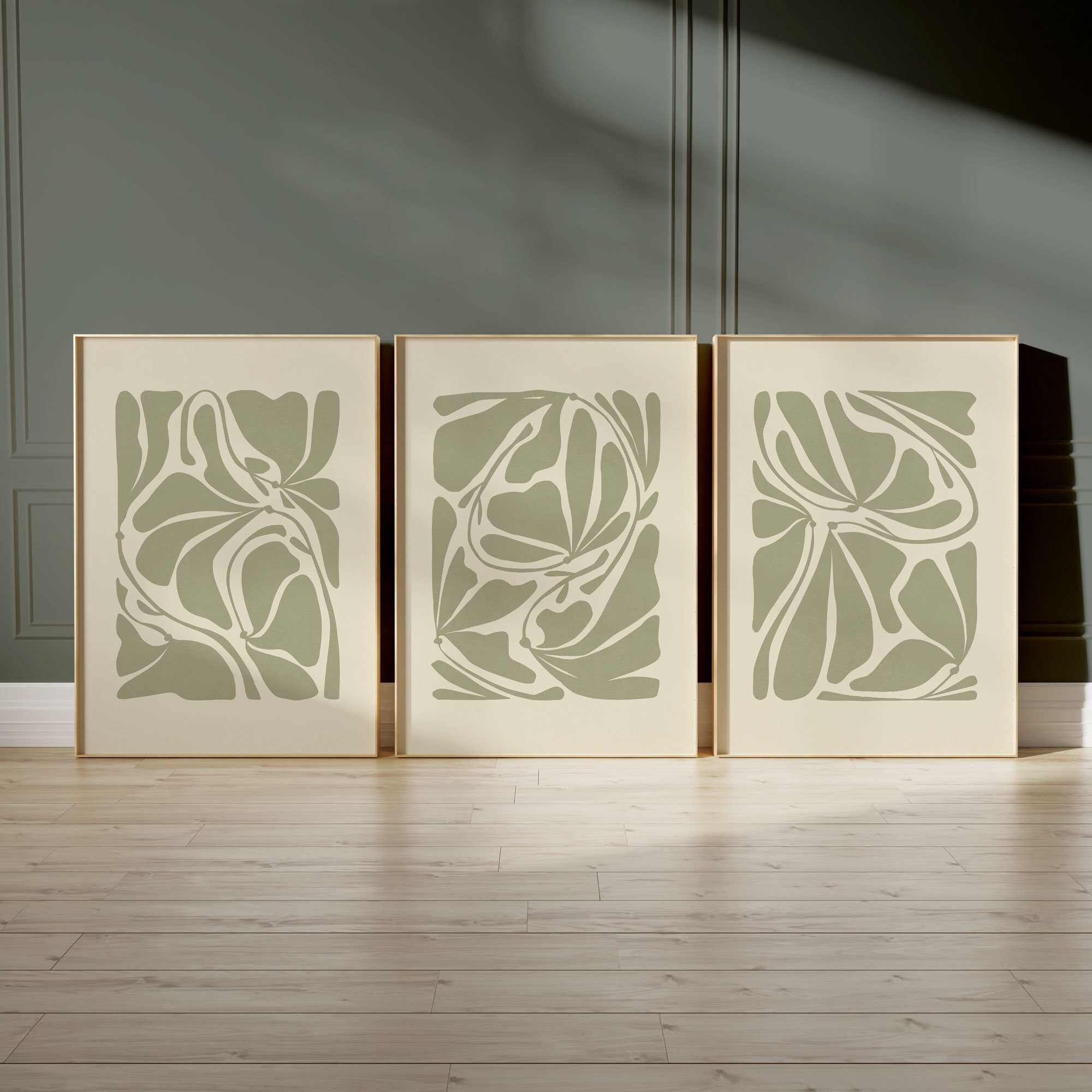3 Piece Abstract Plant Art, Sage Green Wall Art, Set of 3, Printable ...