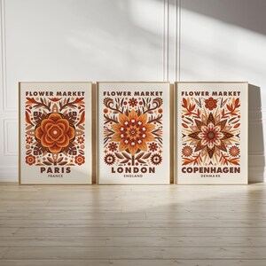 Impresiones de 3 piezas del mercado de flores de otoño, juego de 3 piezas de arte de pared del mercado de flores de París, Copenhague y Londres, impresiones populares de viajes por Europa, póster vintage de otoño
