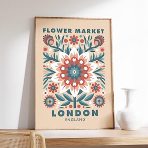 London Flower Market Print, Folk Illustration, Neutral Wall Art, Daisy Illustration, England Flower Market, London Travel Poster Wall Decor