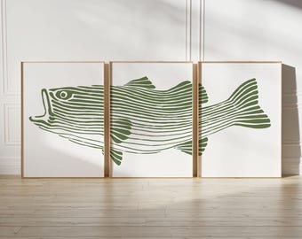3 Piece Large Mouth Bass Wall Art, Set of 3, Green, Coastal Modern Lake House Decor, Fishing Gift Fisherman Triptych Largemouth Bass Fish