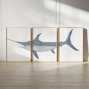 Impresión de pez espada de 3 piezas, juego de arte de pez espada y marlín de 3 piezas, decoración de casa de playa, arte náutico, póster de peces, impresión costera, impresión de pesca de pez vela