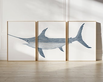 Stampa di pesce spada in 3 pezzi, set di 3 stampe di pesce spada e marlin, decorazioni per la casa sulla spiaggia, arte nautica, poster di pesce, stampa costiera, stampa di pesca pesce vela