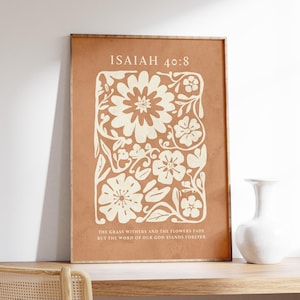 Jesaja 40:8, terracotta bloemen, het gras verdort, de bloemen vervagen, bijbelvers muurkunst, schriftafdruk, christelijk huis, bloemmotief