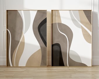 Impressions d'art 2 pièces, ensemble d'affiches abstraites, oeuvre d'art murale de chambre à coucher, noir beige blanc, oeuvre d'art de salle à manger, diptyque, contemporain minimaliste, ensemble de 2