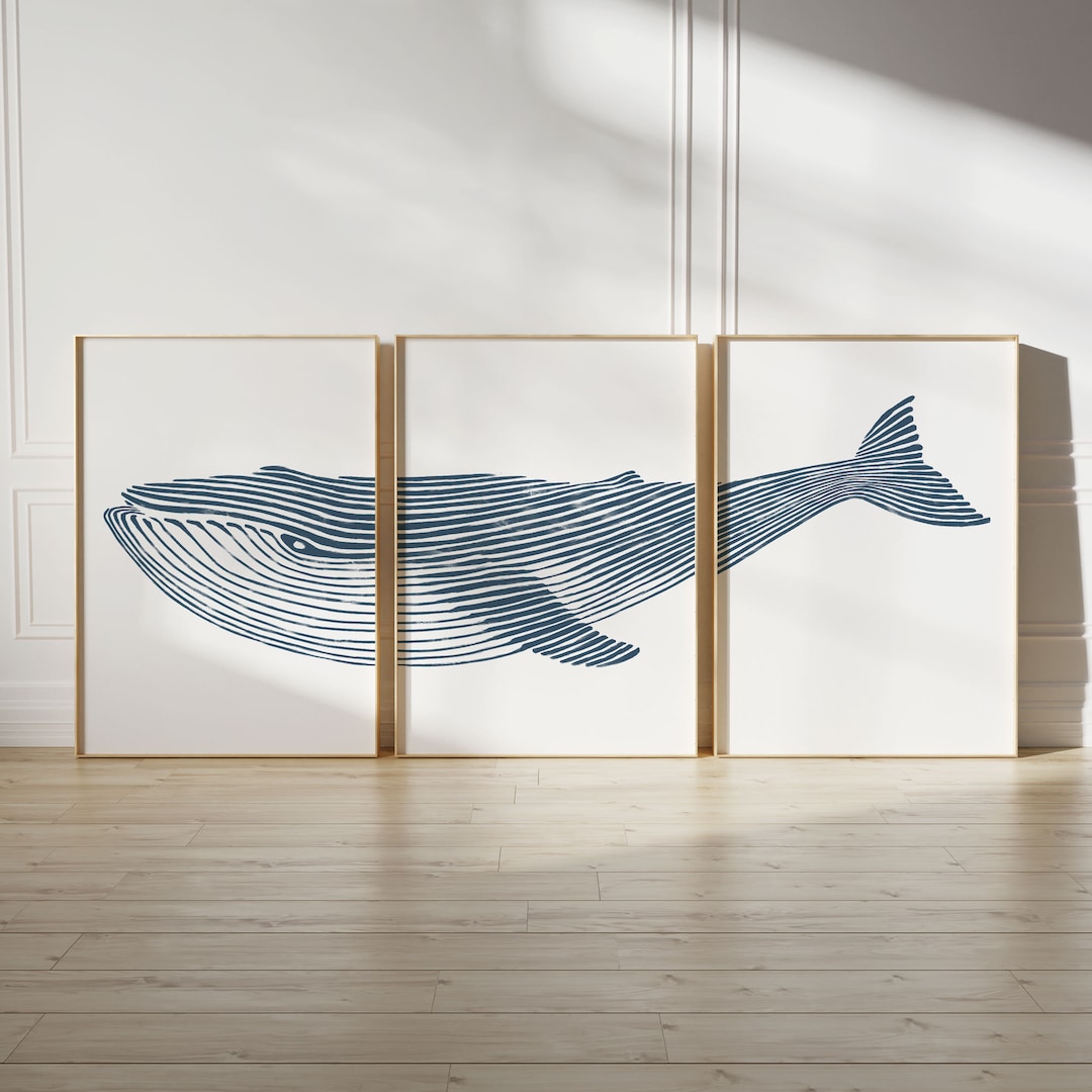 3 Piece Humpback Whale Art, Set of 3, Blue Coastal Wall Art Nautical ...