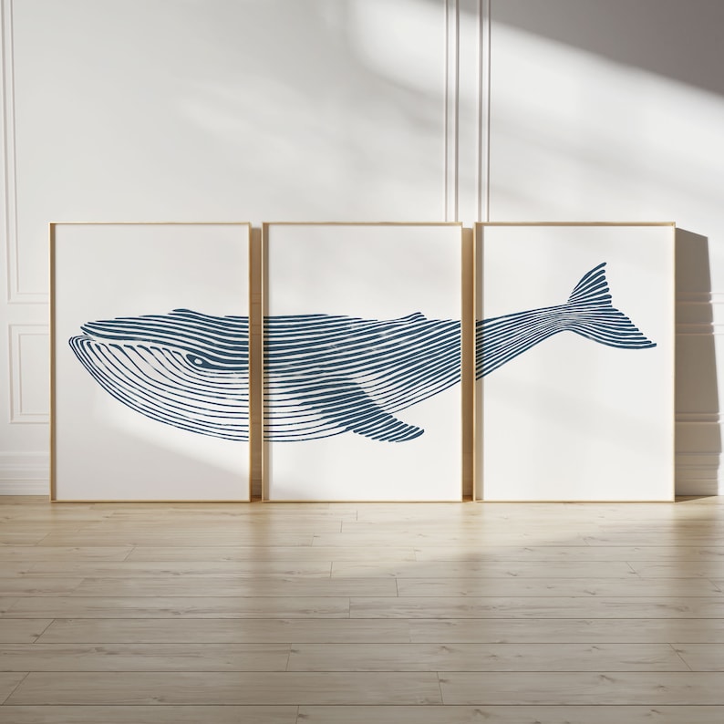 3 Piece Humpback Whale Art, Set of 3, Blue Coastal Wall Art Nautical Home Decor Beach Triptych, Instant Digital Download, Boho, Whales Print image 1