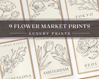 Luxury Flower Market Print Set of 9, Paris, Los Angeles, Tokyo, Barcelona, Amsterdam, Seoul, Melbourne, London Stockholm, Botanical Wall Art