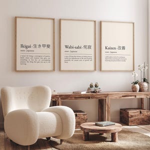 Japanese Poster Set of 3: Kaizen Ikigai Wabi Sabi Definition Prints, Japanese Decor Bundle, 3 Piece Printable Wall Art Set, Digital Download