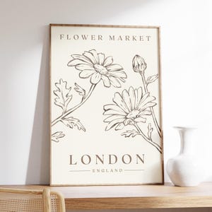London Flower Market Print, Luxury Minimalist Neutral Wall Art, Daisy Illustration England Flower Market Sign, London Travel Poster Wall Art