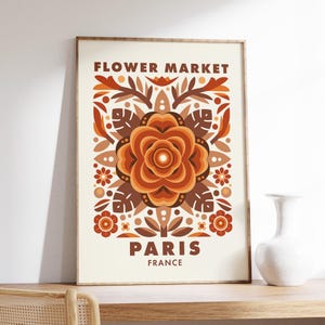 Paris Flower Market Print, Fall Flower Market Wall Art, Folk Illustration, Rose Illustration, French Sign France Vintage Poster Autumn Decor