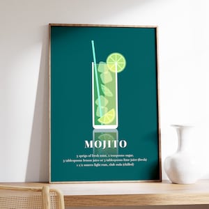 Impresión de cóctel Mojito, Receta de póster de Mojito, Arte de pared retro minimalista verde azulado, Decoración de carrito de bar, Decoración de cocina, Descarga digital imprimible