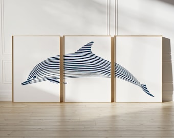 3 Piece Dolphin Art Print, Set of 3, Blue Coastal Wall Art, Nautical Home Decor Print, Beach Triptych, Boho Dolphin printable, Dolphin lover