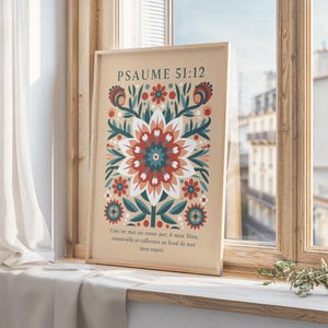 Psaume 51:12 en Français, Affiche chrétienne, Poster Illustration Folk Fleur, Citation biblique, Idée cadeau déco chrétienne art mural beige
