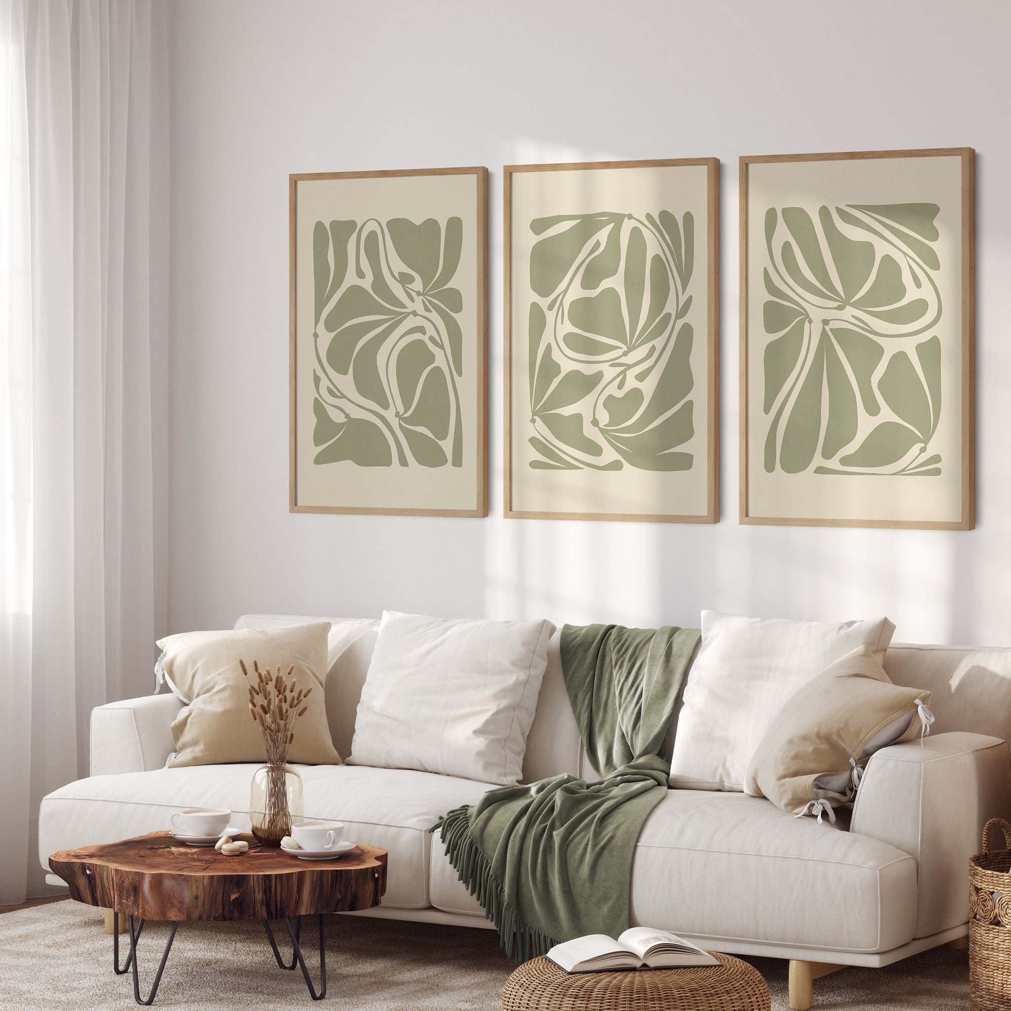 3 Piece Abstract Plant Art, Sage Green Wall Art, Set of 3, Printable ...