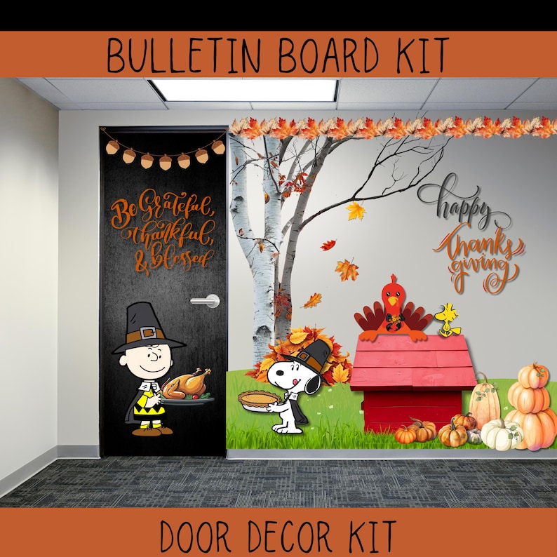 May include: Thanksgiving-themed door decor kit featuring Charlie Brown and Snoopy in pilgrim attire. The door is decorated with the phrase "Be Grateful, Thankful, & Blessed." The scene includes pumpkins, a turkey, and fall foliage.