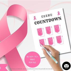 Puede incluir: Una cinta rosa y una hoja imprimible "Chemo Countdown". La hoja presenta ilustraciones de bolsas de goteo rosas y el texto "Chemo Countdown". La imagen también incluye el texto "Ready-to-Print PDF File" y "9 Pages".