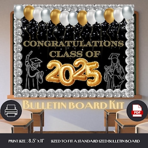 Classroom with desk and chairs.  A bulletin board hangs in the center of the room.  Disco balls line the border and ballons hang from the top of bulletin board.