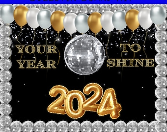 Bulletin Board Kit | 2024 New Years | Student Photo Activity | Disco ball drop | Door cubicle Decor | Balloon gold silver white | polka dots