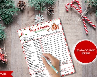 Secret Santa Questionnaire | Office party | gift exchange | printable | chrismas holiday game | work | family| wish list | sign up form