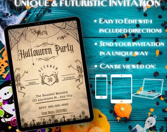 Digital Halloween Invitation, Editable Halloween Invitation, Skeleton, Unique Halloween Invite, Eco-Friendly Invitation, Printable Bones