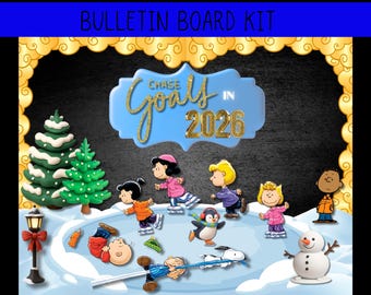 Kit de tablero de anuncios de Charlie Brown sobre hielo: Decoración para el aula con Charlie Brown y Snoopy, tablero para la puerta del aula (descarga digital)