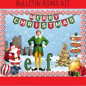 May include: A festive Christmas bulletin board kit with the word "Elf" in green glitter letters, a "Merry Christmas" banner, and images of Santa Claus and a Christmas tree. The background is light blue with snowflakes.