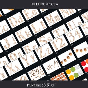 May include: A print featuring alphabet letters, numbers, and symbols on individual cards. The letters and numbers have a tan and white plaid pattern. The print size is 8.5" x 11". The words "LIFETIME ACCESS" are at the top.
