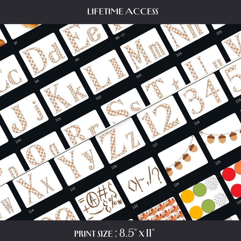 May include: A print featuring alphabet letters, numbers, and symbols on individual cards. The letters and numbers have a tan and white plaid pattern. The print size is 8.5" x 11". The words "LIFETIME ACCESS" are at the top.