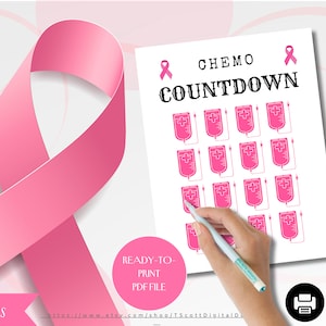 Puede incluir: Una cinta rosa y un documento PDF imprimible con el texto "CHEMO COUNTDOWN" y 18 páginas de iconos de bolsas de suero rosas.