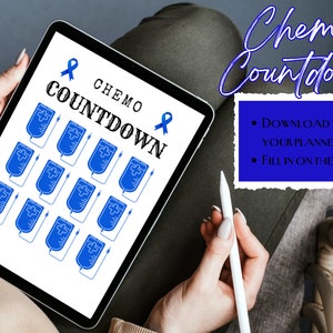 Puede incluir: Una tableta digital que muestra un rastreador de cuenta regresiva de quimioterapia imprimible con iconos de cinta azul y el texto "Chemo Countdown". También se puede ver el texto "Descargar a su aplicación de planificación. Rellene sobre la marcha".