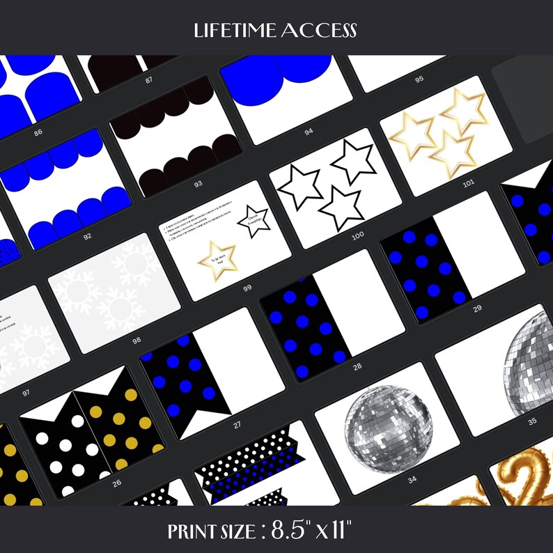 Various pages line the page of all the printouts for the bulletin board kit.  Print size  8.5 x 11 inches