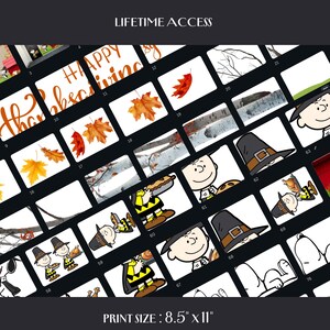 May include: A collection of digital art prints featuring fall and Thanksgiving themes. The prints include images of autumn leaves, Charlie Brown characters, and the text "Happy Thanksgiving". Print size is 8.5" x 11".