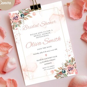 Invitation de douche nuptiale florale rose, modèle d'invitation de douche nuptiale, carte élégante, gracieuse, bricolage imprimable modifiable, délicate et complexe