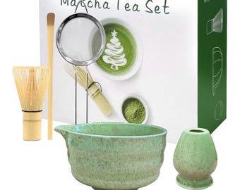 Juego de té matcha japonés: cuenco de cerámica, batidor de bambú, cuchara medidora – Ritual del té espumoso