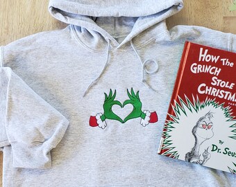 Christmas Heart Hands Sketch Embroidery Crewneck Sweatshirt or Hoodie Green Heart Christmas Spirit