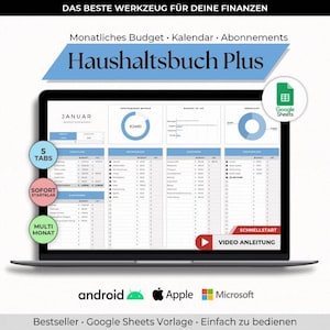 Könnte beinhalten: Ein Screenshot einer Google Sheets-Vorlage für einen Haushaltsplaner. Die Vorlage heißt "Haushaltsbuch Plus" und hat ein blaues und weißes Farbschema. Die Vorlage enthält Registerkarten für verschiedene Kategorien, wie z. B. Einnahmen, Ausgaben und Ersparnisse. Die Vorlage enthält auch Diagramme und Grafiken, um Ihr Budget zu visualisieren.