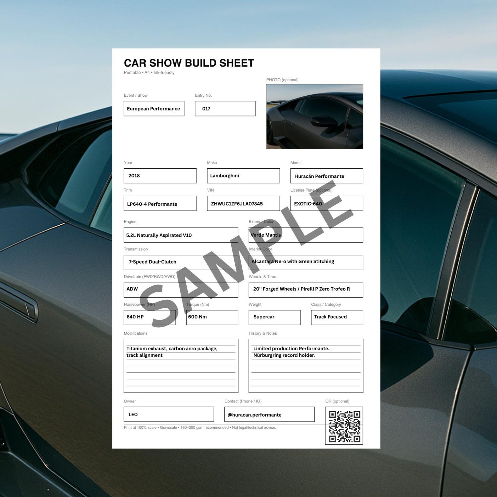 Vehicle Specification Worksheet.pdf Car Show Build Sheet Printable | Editable Vehicle Spec Sheet PDF | A4 ...